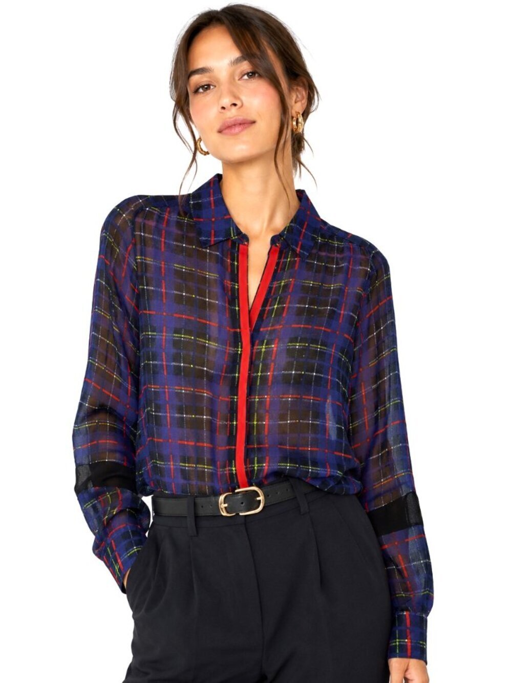 Preen Line Plaid Silk Sheer Long Sleeve Blouse